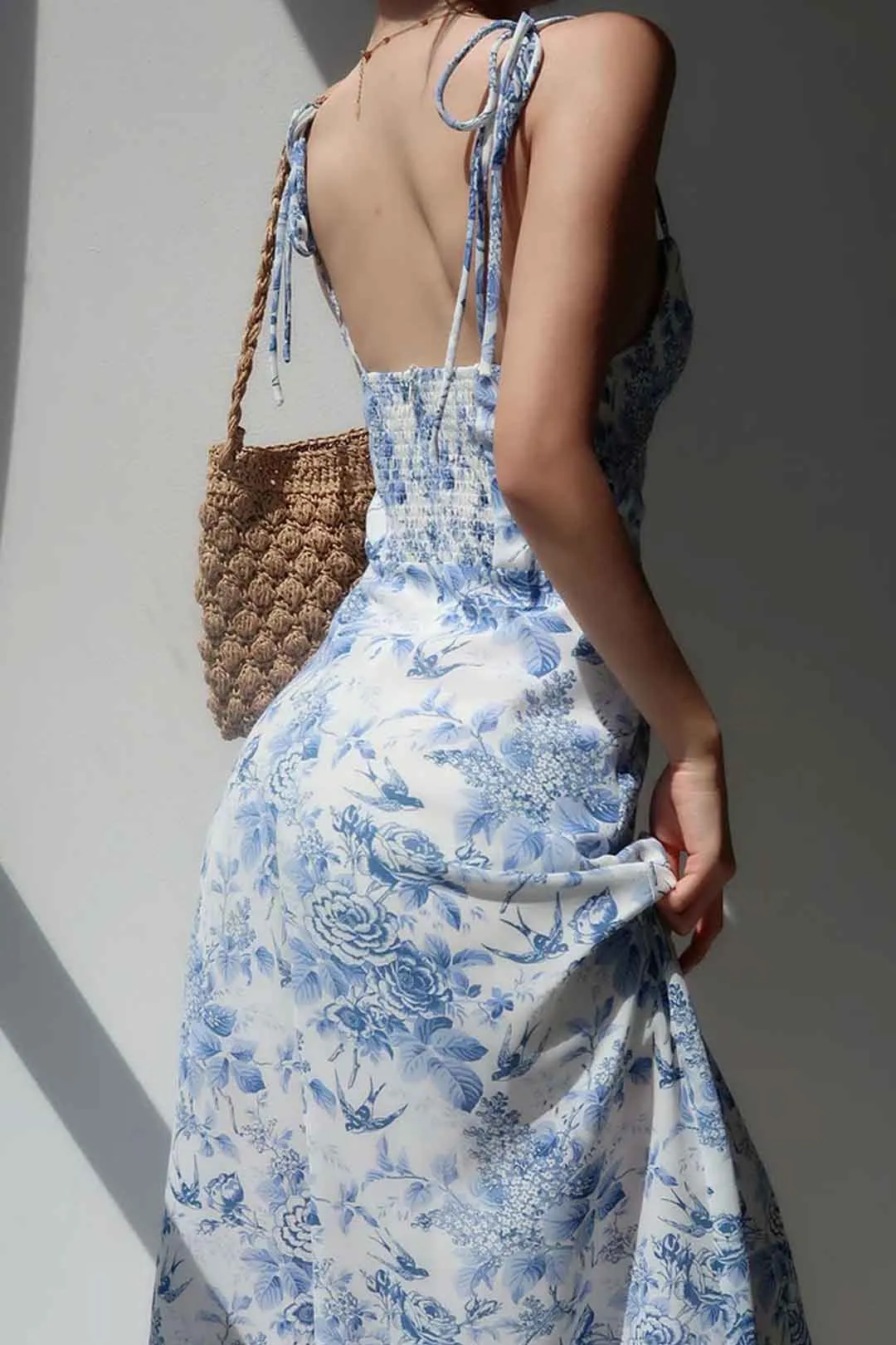 Boho Midi Dress, Strappy Sundress, Blue Vintage Rose