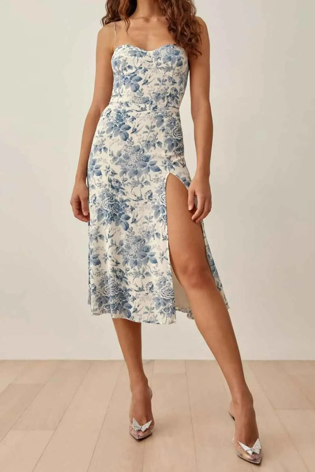 Boho Midi Dress, Strappy Sundress, Blue Vintage Rose