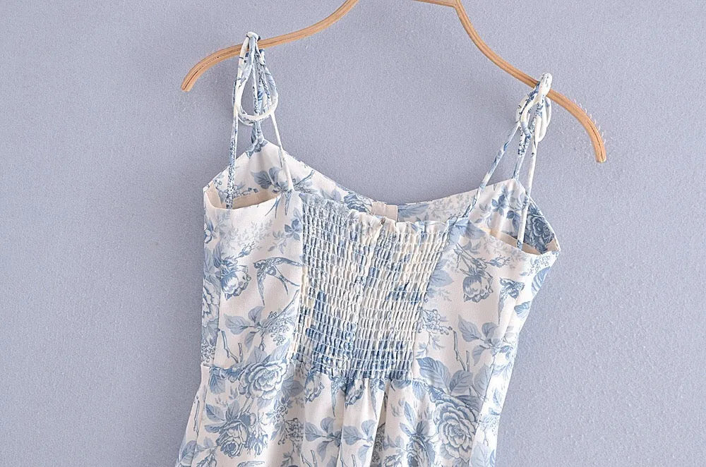Boho Midi Dress, Strappy Sundress, Blue Vintage Rose