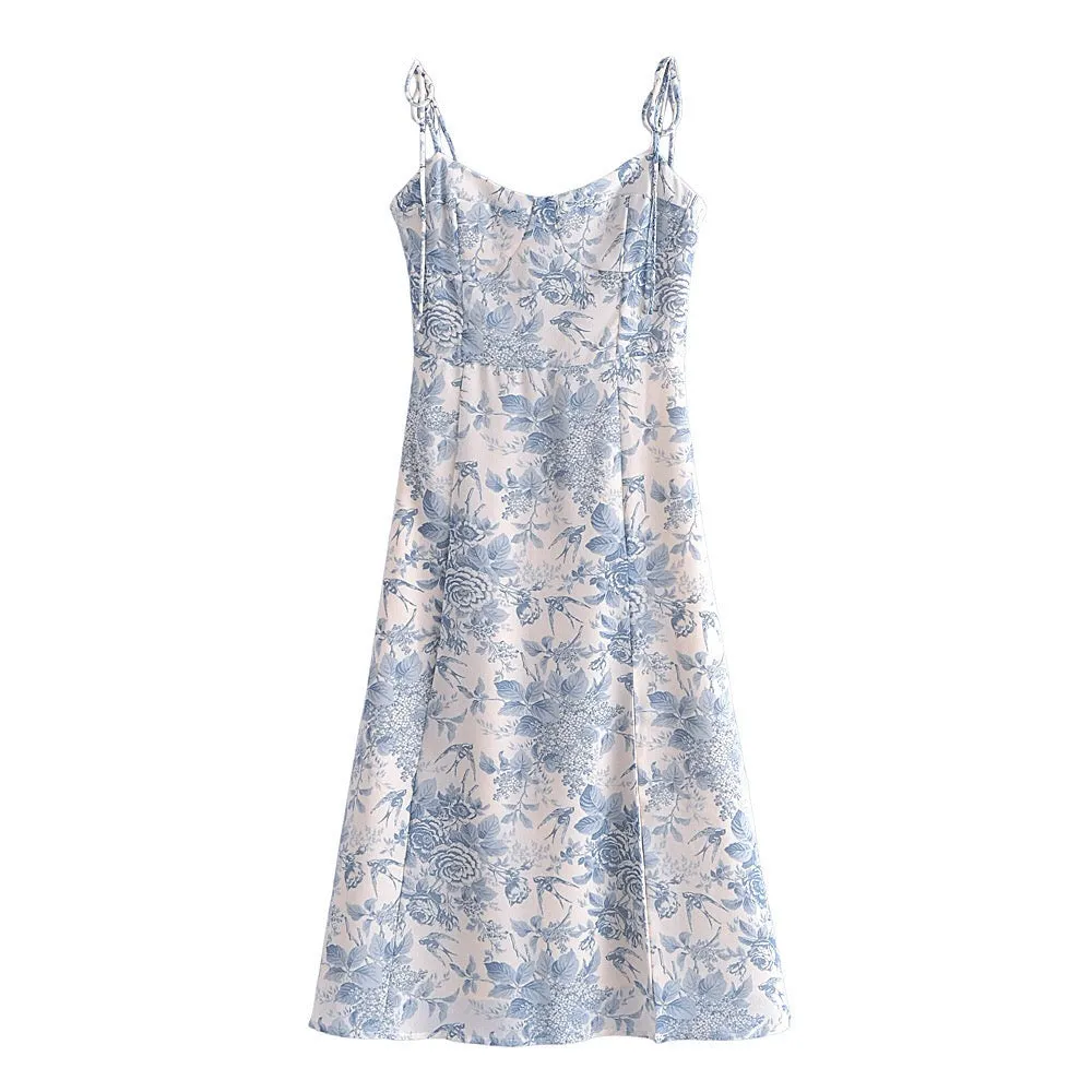 Boho Midi Dress, Strappy Sundress, Blue Vintage Rose