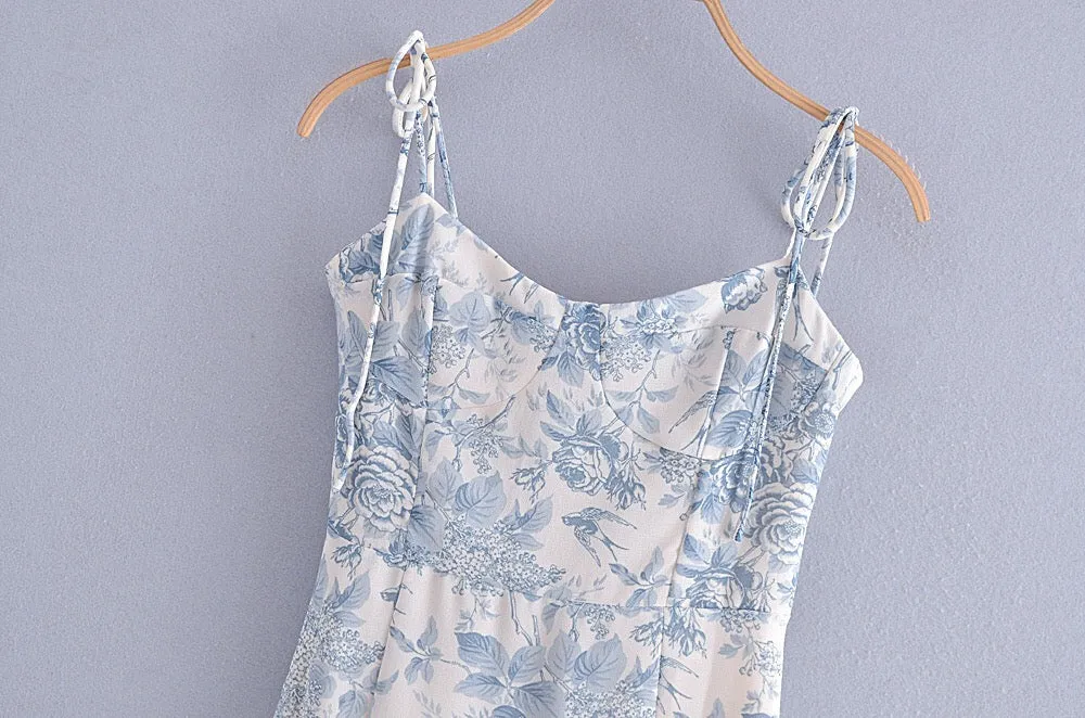Boho Midi Dress, Strappy Sundress, Blue Vintage Rose