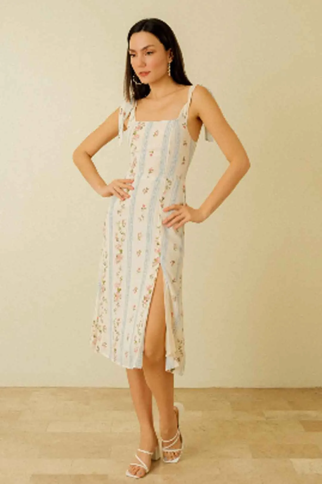 Boho Midi Dress, Strappy Sundress, White Vintage Rose