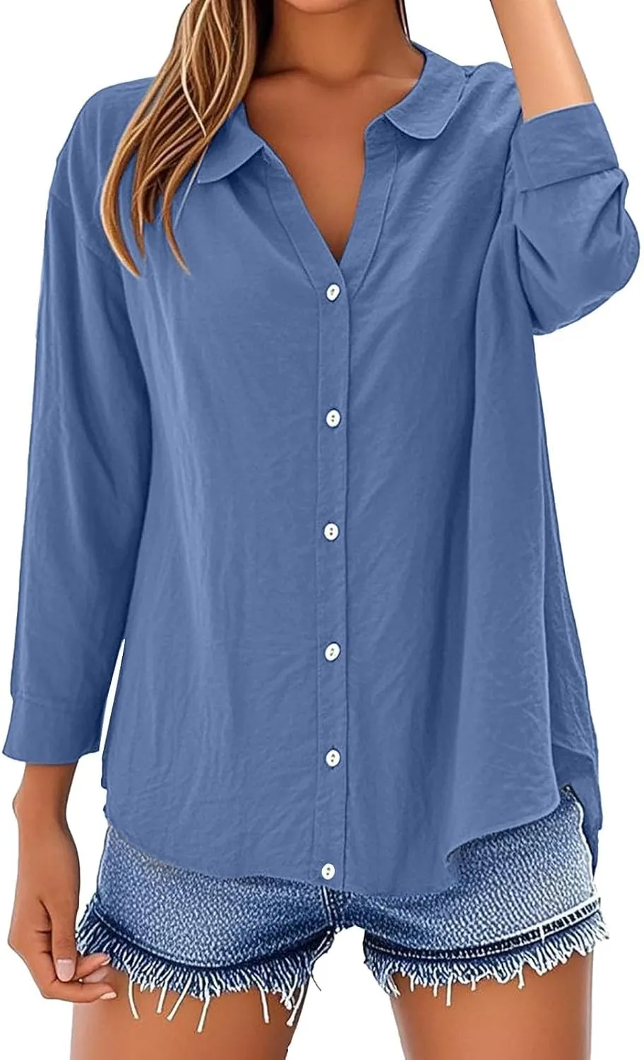 Breathable Linen Button-Up Top - Women's Soft Short Sleeve Blouse, Lightweight, Sheer-Resistant