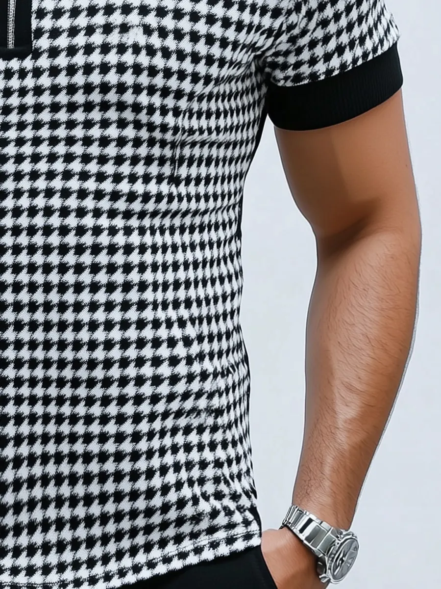Casual Houndstooth Short Sleeve Polo Shirt