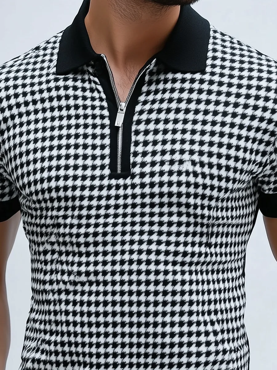 Casual Houndstooth Short Sleeve Polo Shirt