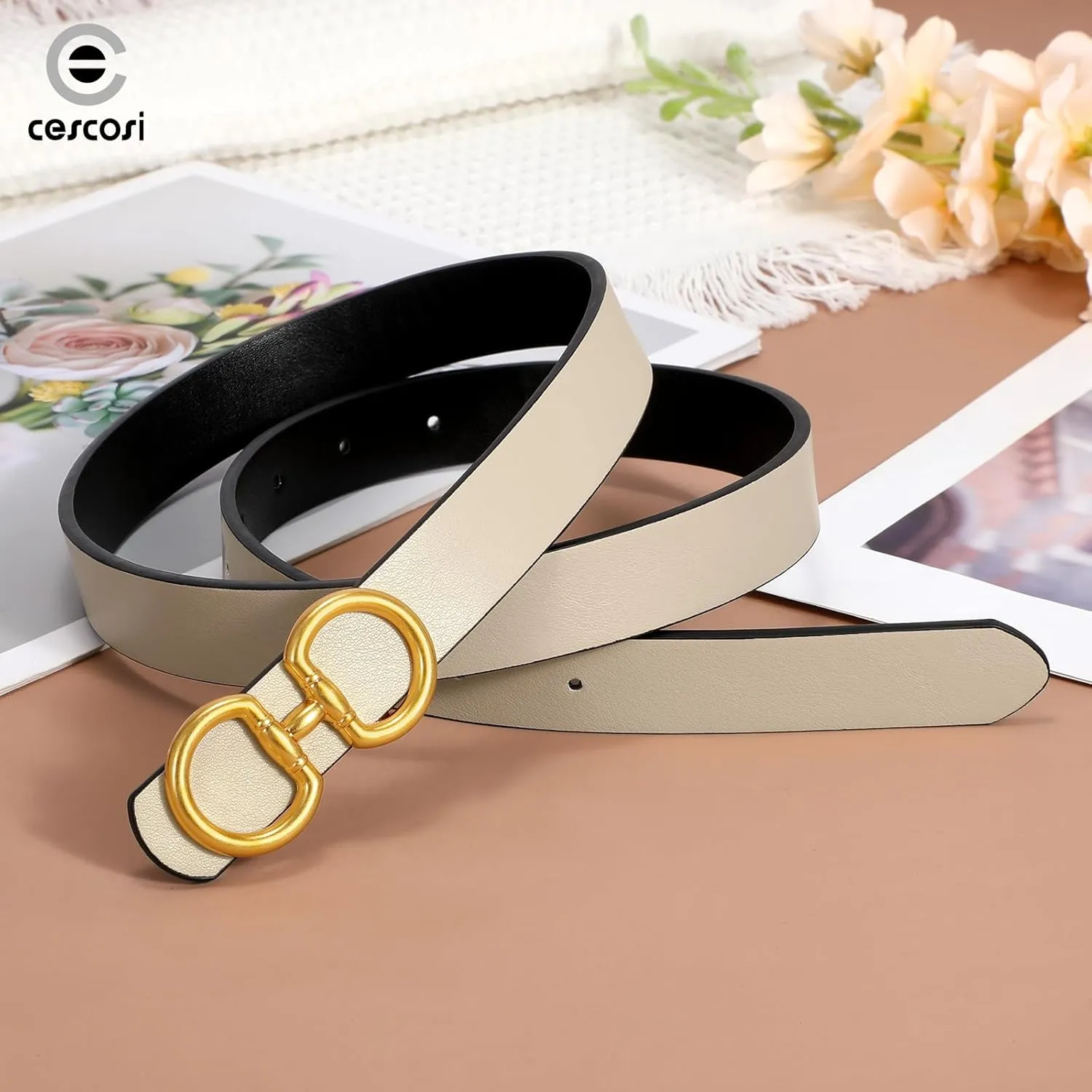CESCOSI Reversible Leather Belt for Women with Gold Buckle 0.9 Width Ladies Leather Belt for Jeans Pants