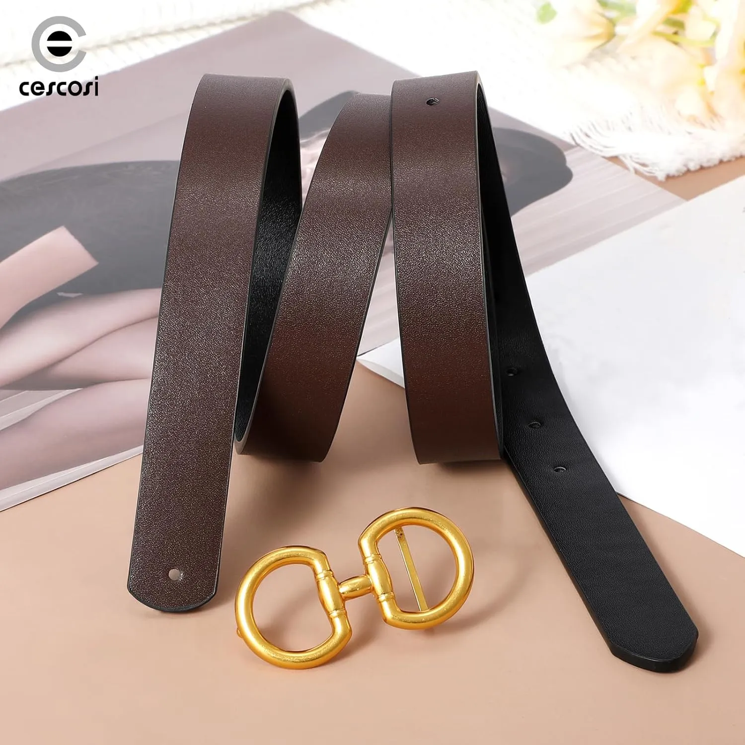 CESCOSI Reversible Leather Belt for Women with Gold Buckle 0.9 Width Ladies Leather Belt for Jeans Pants