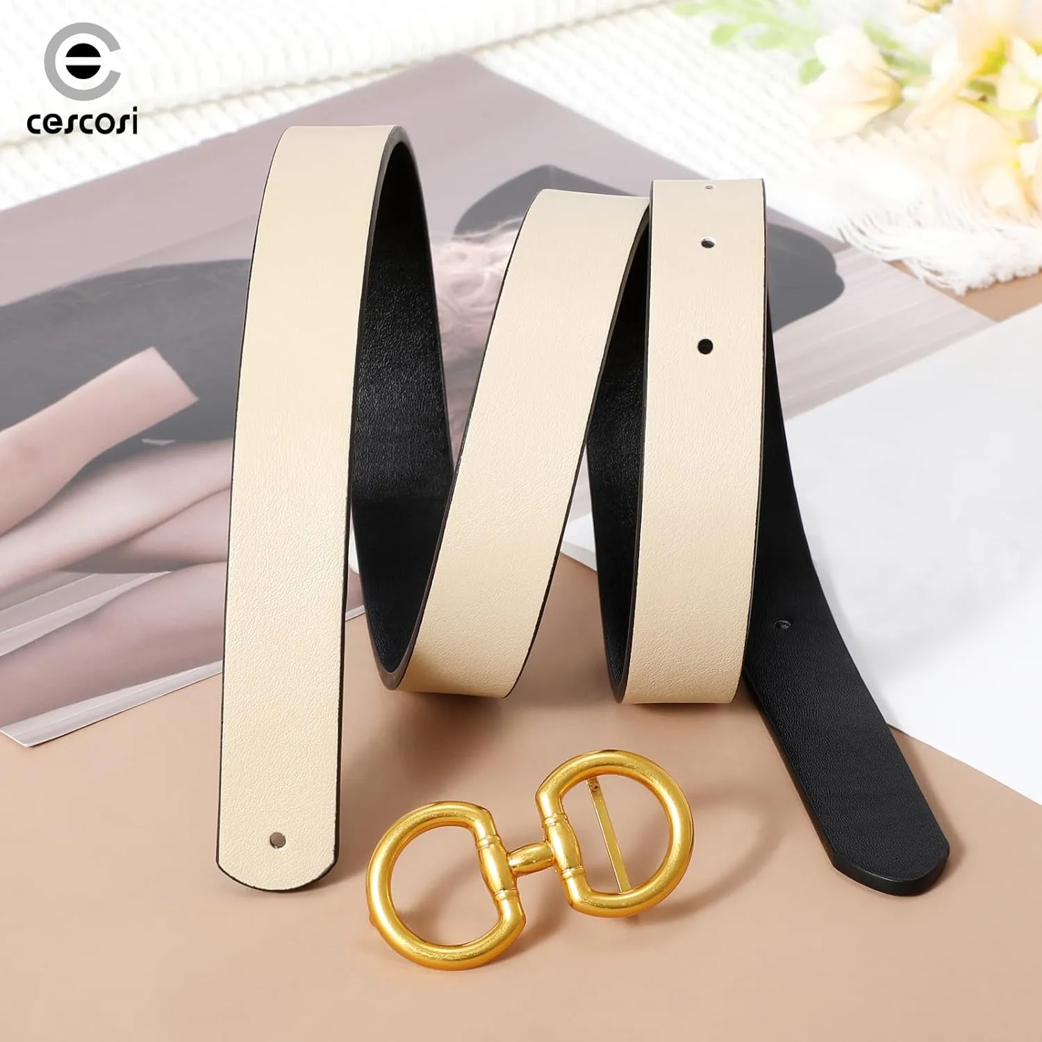 CESCOSI Reversible Leather Belt for Women with Gold Buckle 0.9 Width Ladies Leather Belt for Jeans Pants