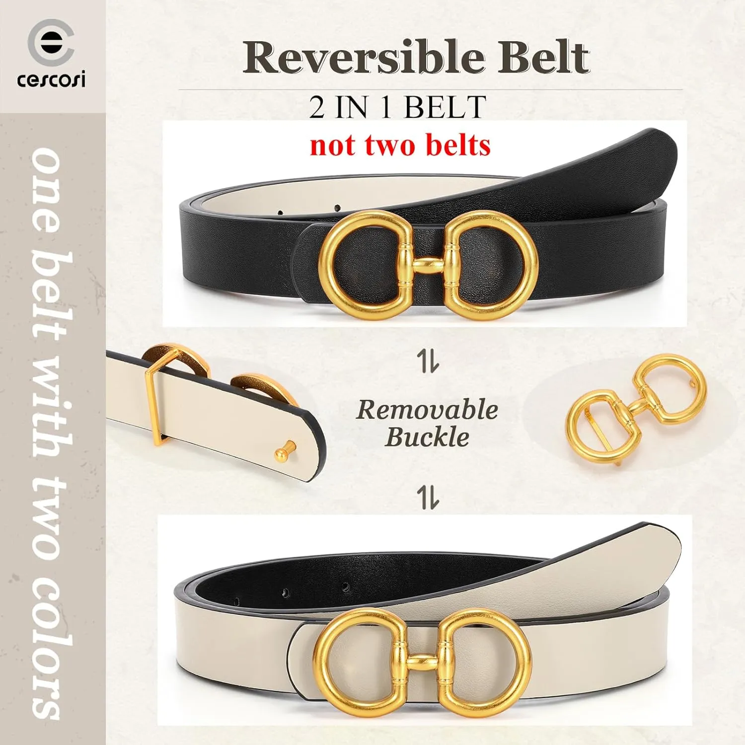 CESCOSI Reversible Leather Belt for Women with Gold Buckle 0.9 Width Ladies Leather Belt for Jeans Pants