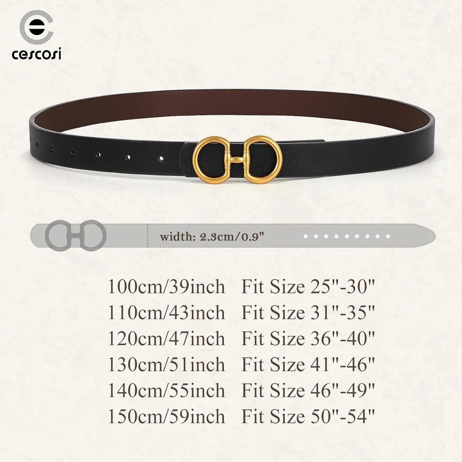 CESCOSI Reversible Leather Belt for Women with Gold Buckle 0.9 Width Ladies Leather Belt for Jeans Pants
