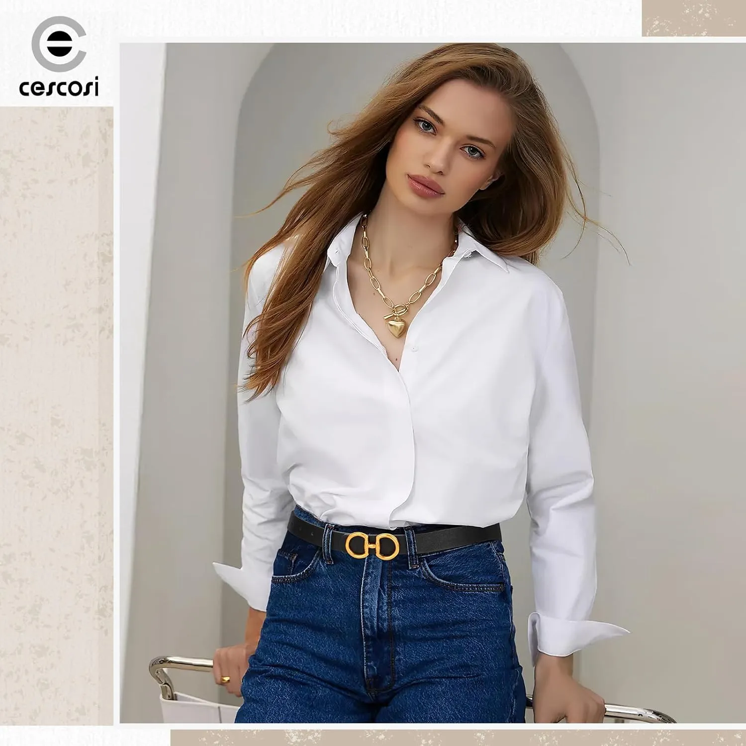 CESCOSI Reversible Leather Belt for Women with Gold Buckle 0.9 Width Ladies Leather Belt for Jeans Pants