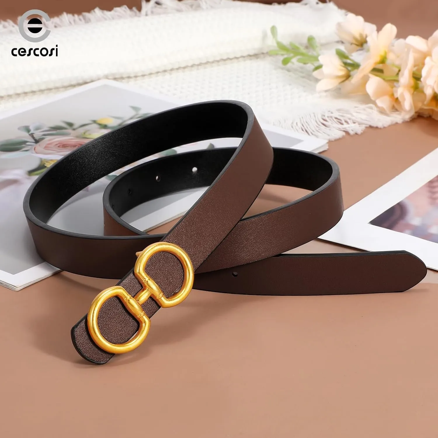 CESCOSI Reversible Leather Belt for Women with Gold Buckle 0.9 Width Ladies Leather Belt for Jeans Pants