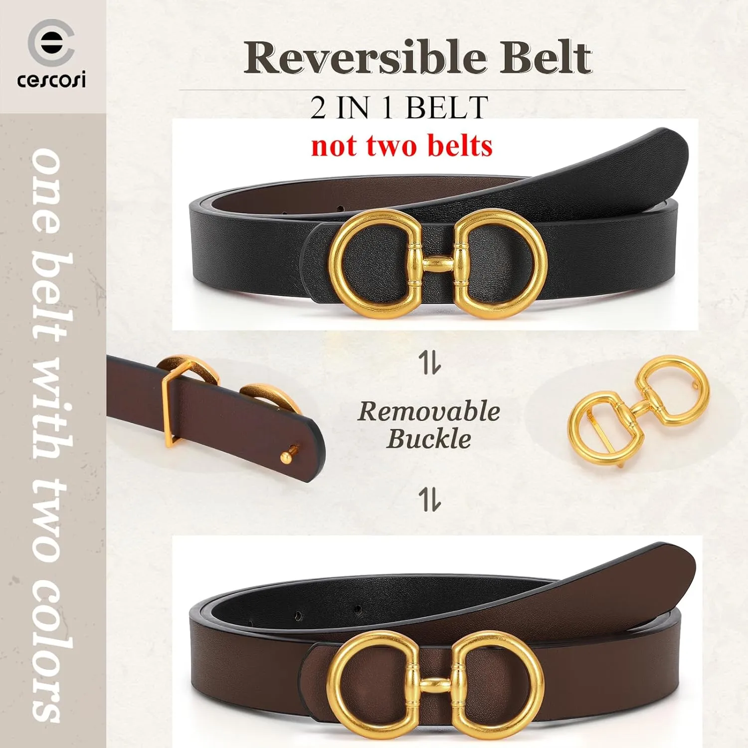 CESCOSI Reversible Leather Belt for Women with Gold Buckle 0.9 Width Ladies Leather Belt for Jeans Pants