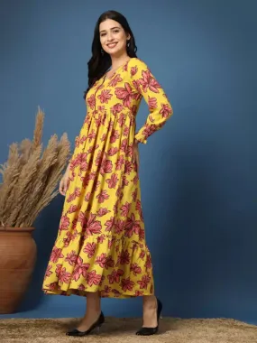 Charming Yellow Floral Fit and Flare Dress
