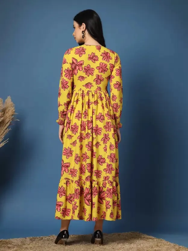 Charming Yellow Floral Fit and Flare Dress