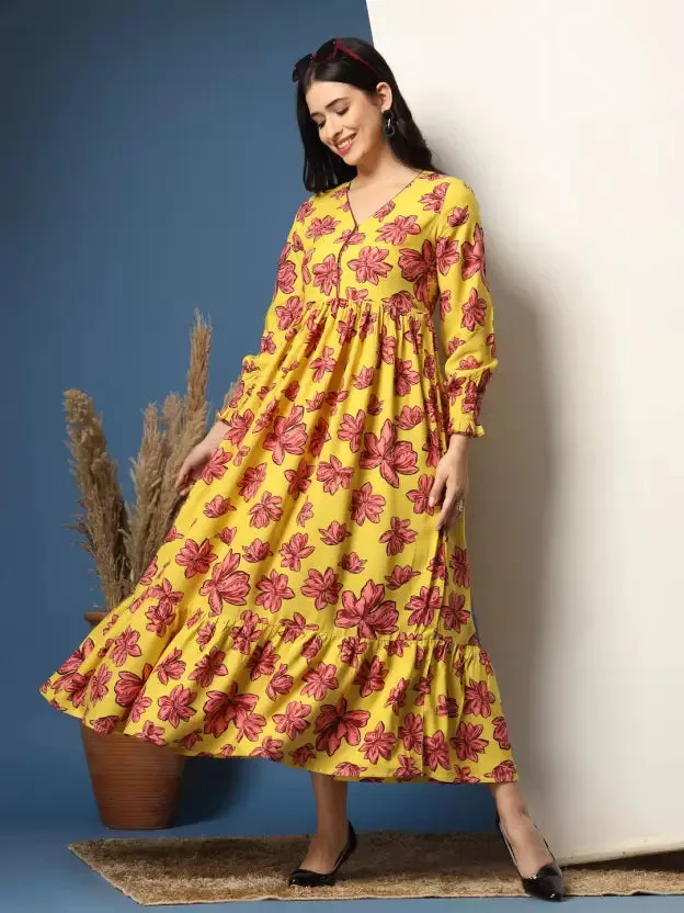 Charming Yellow Floral Fit and Flare Dress