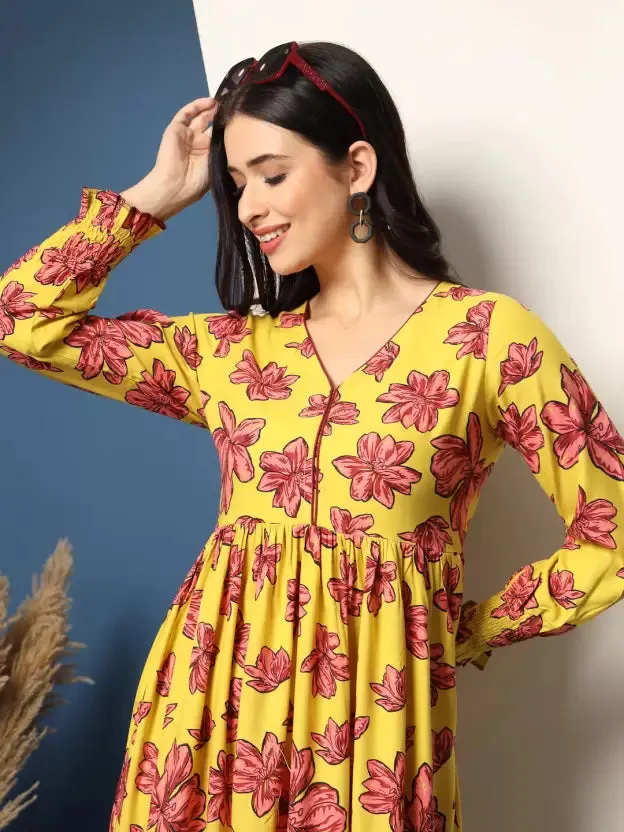 Charming Yellow Floral Fit and Flare Dress