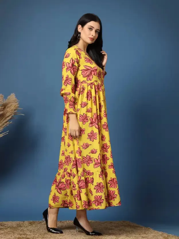 Charming Yellow Floral Fit and Flare Dress