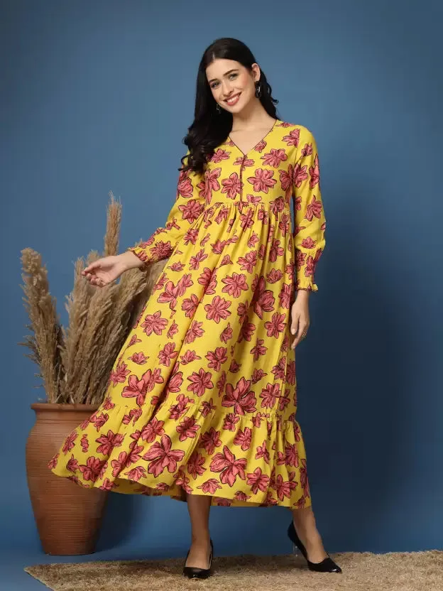 Charming Yellow Floral Fit and Flare Dress