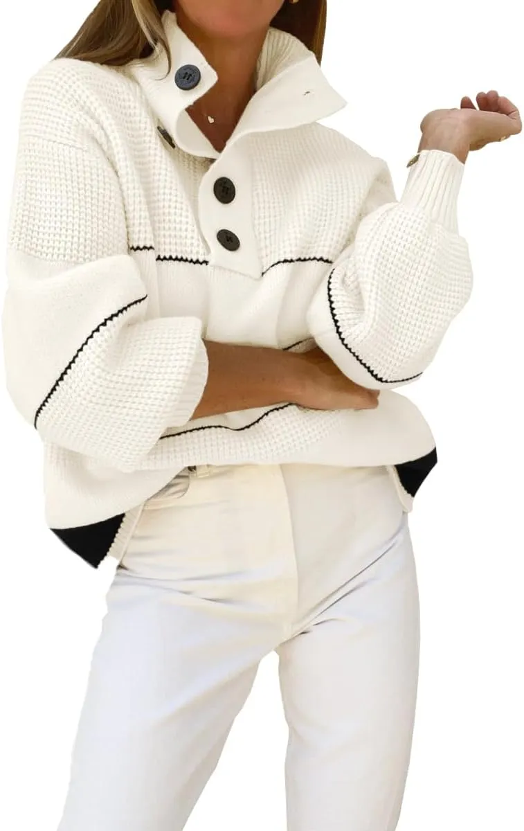 CHARTOU Women's Waffle Knit Knitwear Slouchy Striped Polo Collared Long Sleeve Pullover Sweater Tops