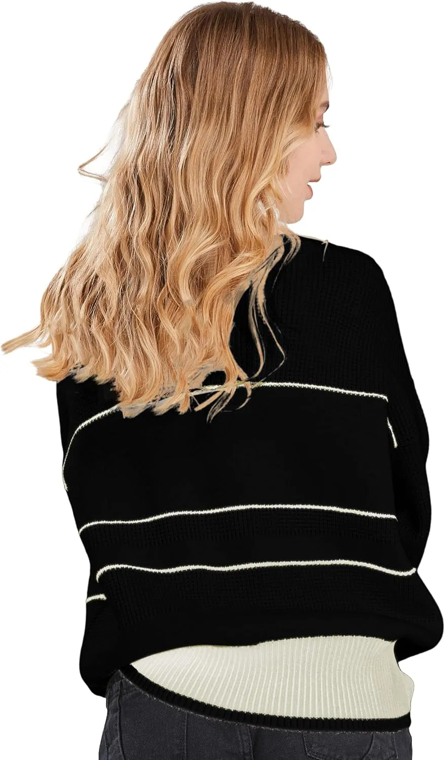 CHARTOU Women's Waffle Knit Knitwear Slouchy Striped Polo Collared Long Sleeve Pullover Sweater Tops