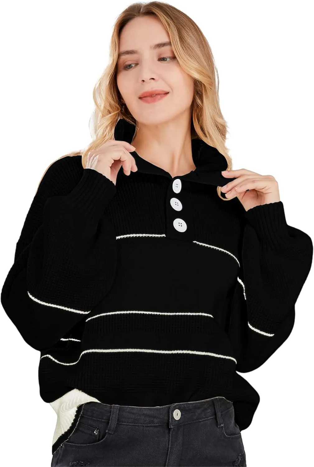 CHARTOU Women's Waffle Knit Knitwear Slouchy Striped Polo Collared Long Sleeve Pullover Sweater Tops