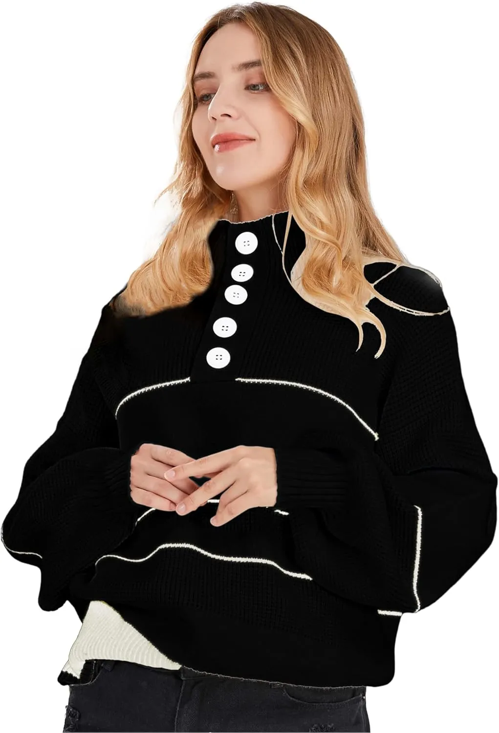 CHARTOU Women's Waffle Knit Knitwear Slouchy Striped Polo Collared Long Sleeve Pullover Sweater Tops