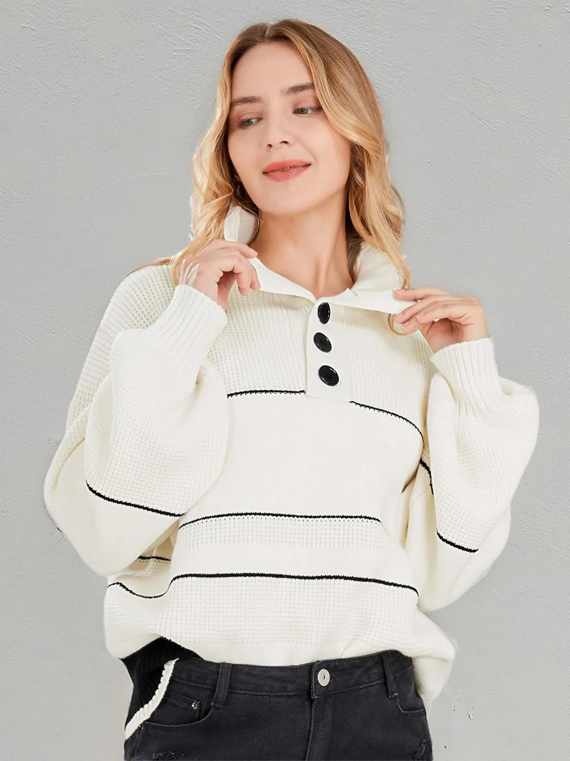 CHARTOU Women's Waffle Knit Knitwear Slouchy Striped Polo Collared Long Sleeve Pullover Sweater Tops