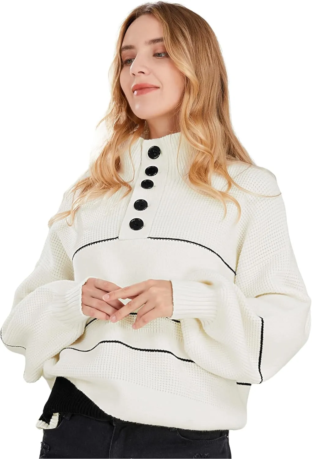 CHARTOU Women's Waffle Knit Knitwear Slouchy Striped Polo Collared Long Sleeve Pullover Sweater Tops