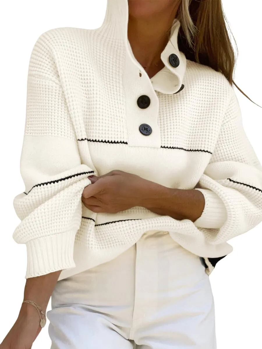 CHARTOU Women's Waffle Knit Knitwear Slouchy Striped Polo Collared Long Sleeve Pullover Sweater Tops