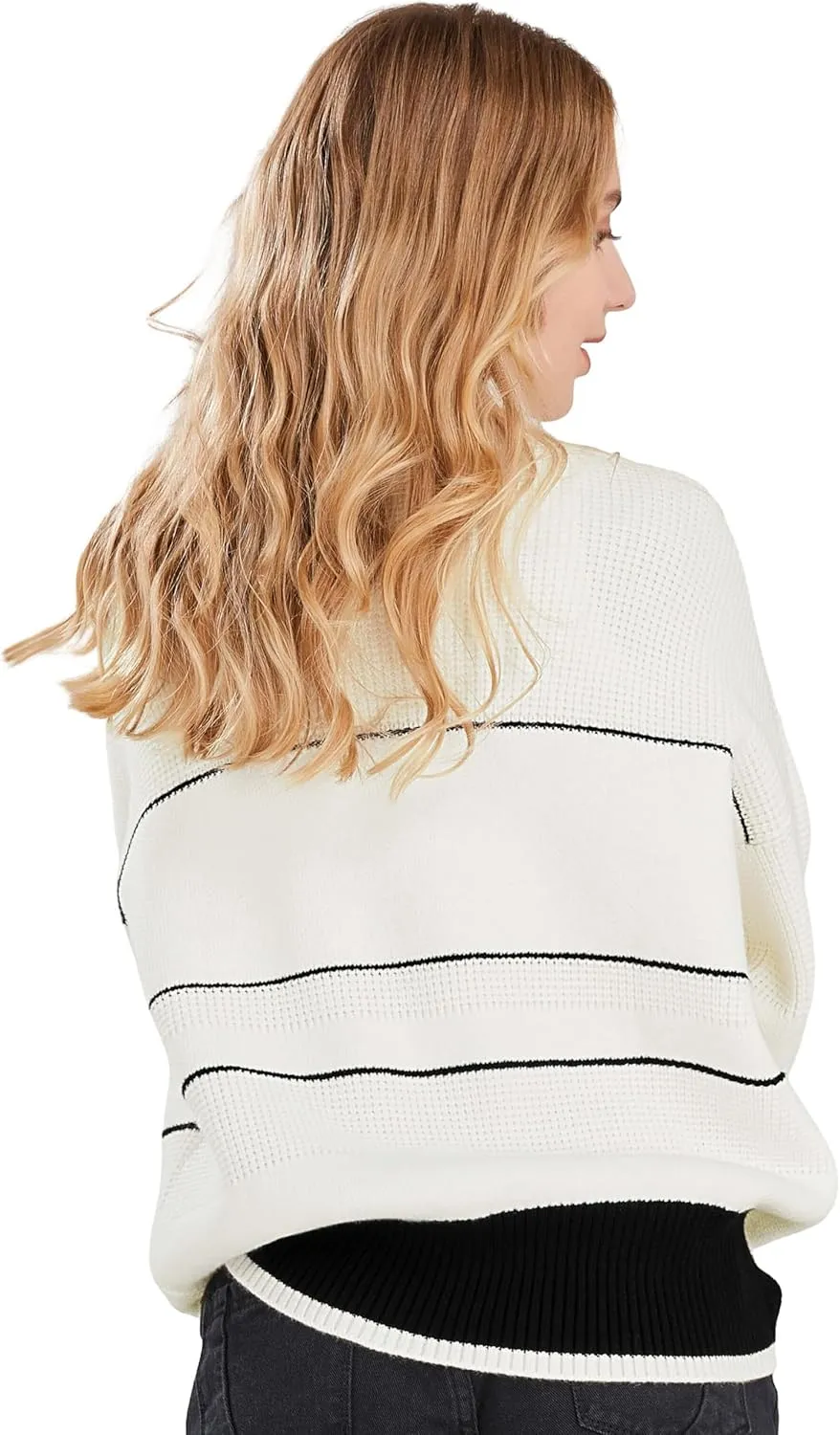 CHARTOU Women's Waffle Knit Knitwear Slouchy Striped Polo Collared Long Sleeve Pullover Sweater Tops