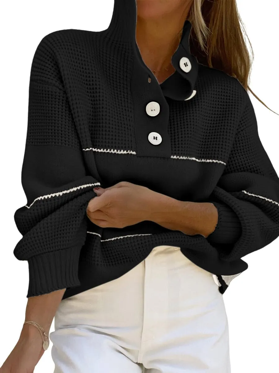 CHARTOU Women's Waffle Knit Knitwear Slouchy Striped Polo Collared Long Sleeve Pullover Sweater Tops