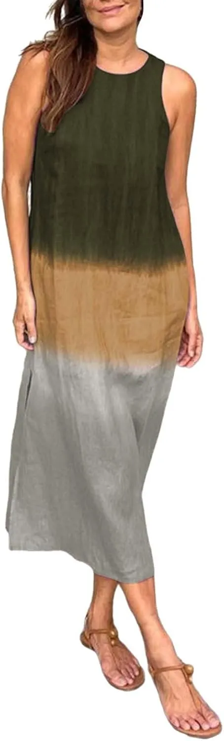 Color Block Max Dress for Women 2024 Summer Casual Sleeveless Bodycon Dress Flowy Swing Shift Dress Boho Tank Dress