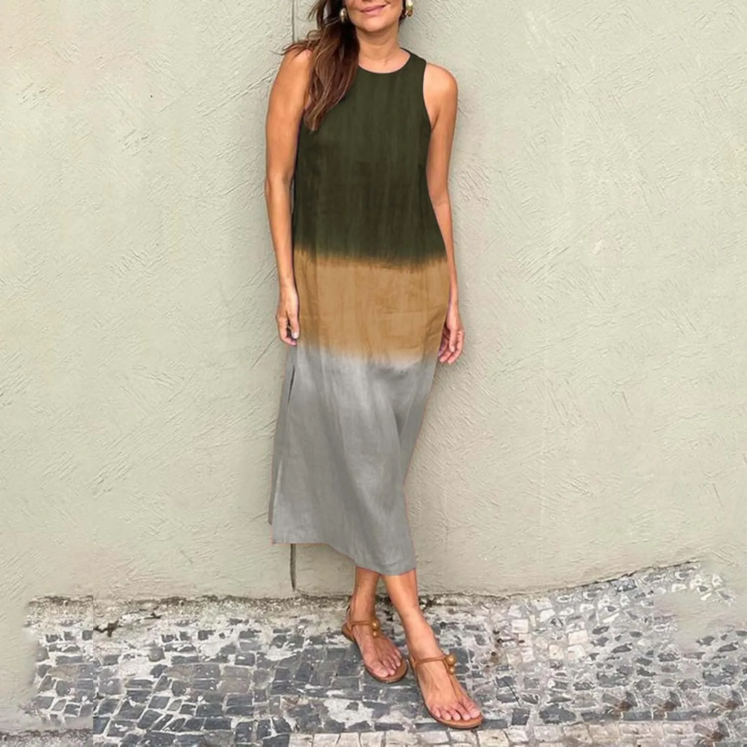 Color Block Max Dress for Women 2024 Summer Casual Sleeveless Bodycon Dress Flowy Swing Shift Dress Boho Tank Dress