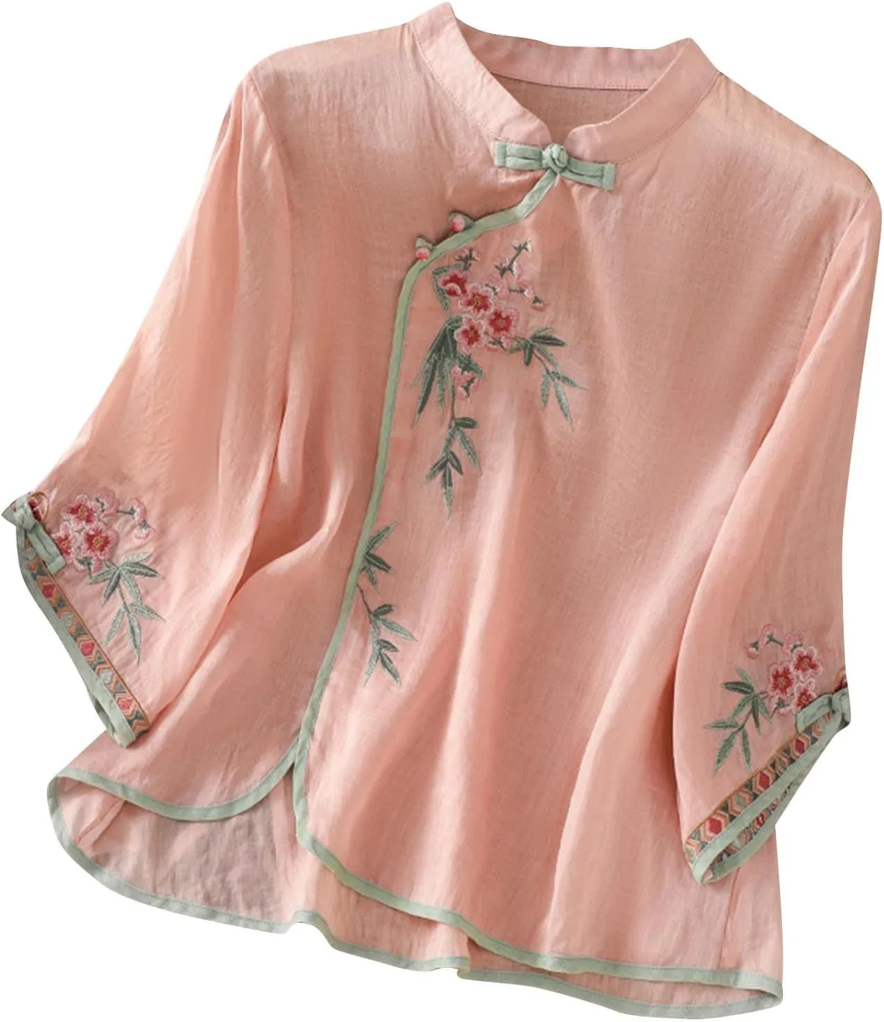 Ctreela Eastern Style Embroidery Linen Cotton Shirts Women's Breathable Boxy Tunic Tops Summer 3/4 Sleeve Soft Blouses