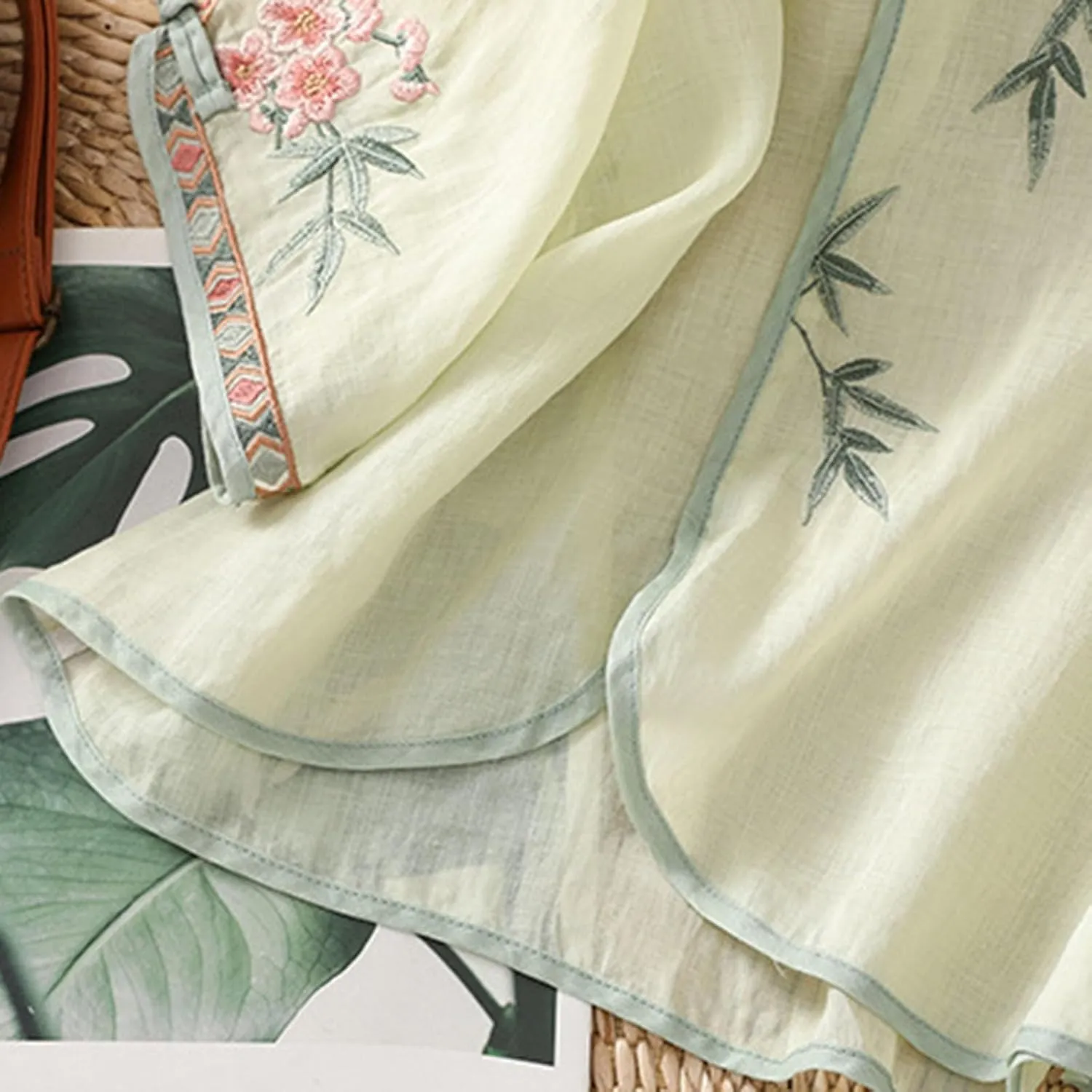 Ctreela Eastern Style Embroidery Linen Cotton Shirts Women's Breathable Boxy Tunic Tops Summer 3/4 Sleeve Soft Blouses