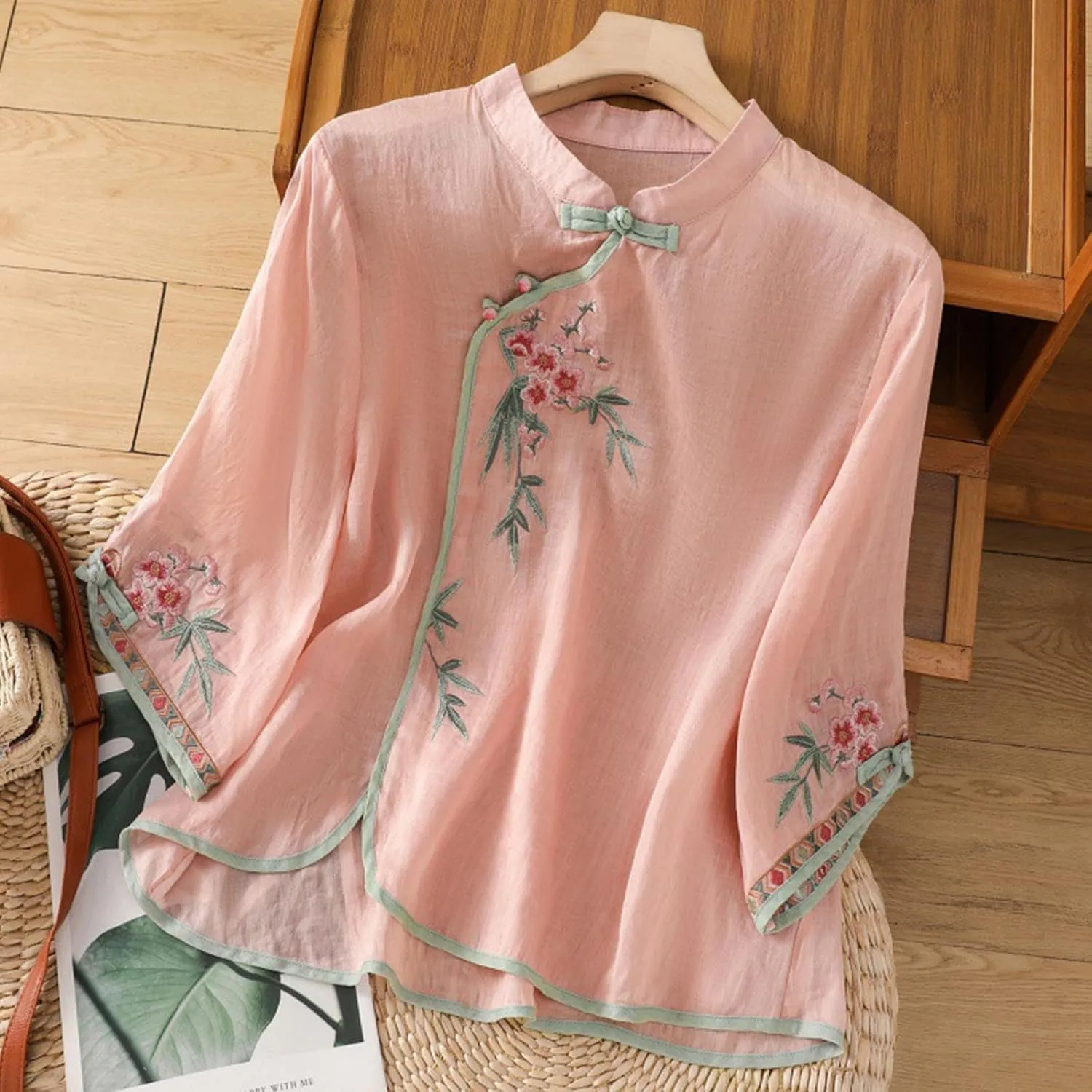 Ctreela Eastern Style Embroidery Linen Cotton Shirts Women's Breathable Boxy Tunic Tops Summer 3/4 Sleeve Soft Blouses
