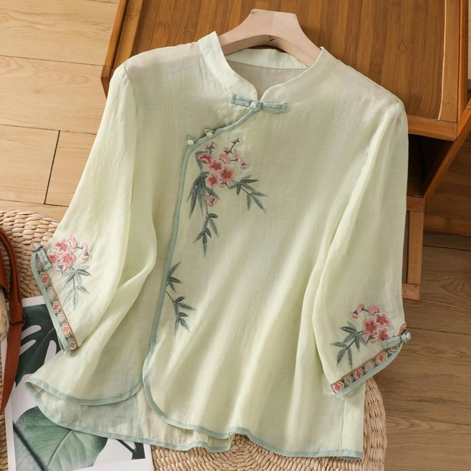 Ctreela Eastern Style Embroidery Linen Cotton Shirts Women's Breathable Boxy Tunic Tops Summer 3/4 Sleeve Soft Blouses