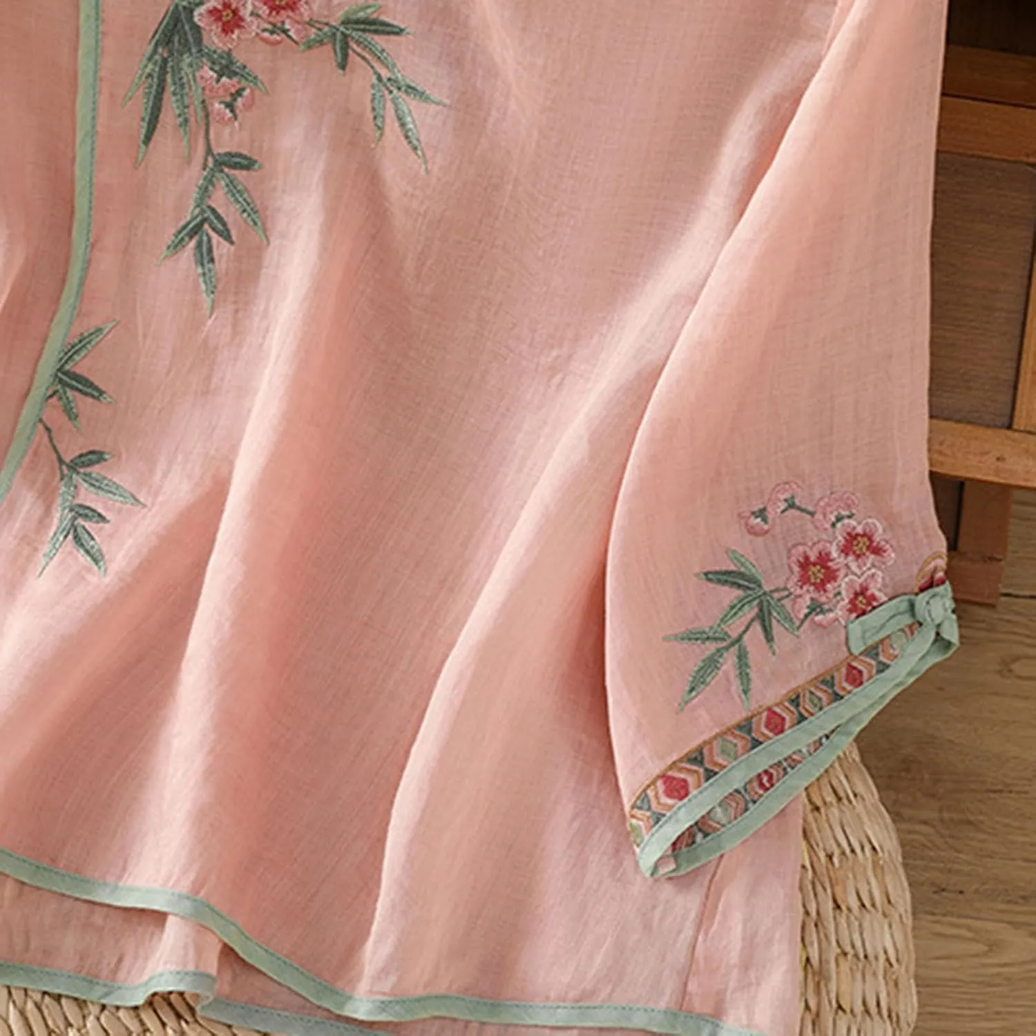 Ctreela Eastern Style Embroidery Linen Cotton Shirts Women's Breathable Boxy Tunic Tops Summer 3/4 Sleeve Soft Blouses