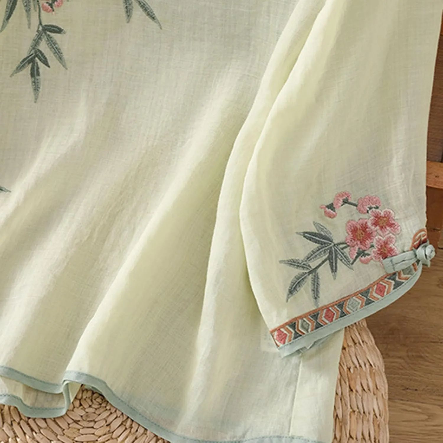 Ctreela Eastern Style Embroidery Linen Cotton Shirts Women's Breathable Boxy Tunic Tops Summer 3/4 Sleeve Soft Blouses