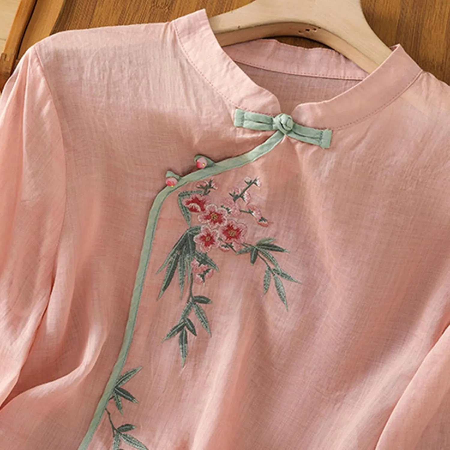Ctreela Eastern Style Embroidery Linen Cotton Shirts Women's Breathable Boxy Tunic Tops Summer 3/4 Sleeve Soft Blouses