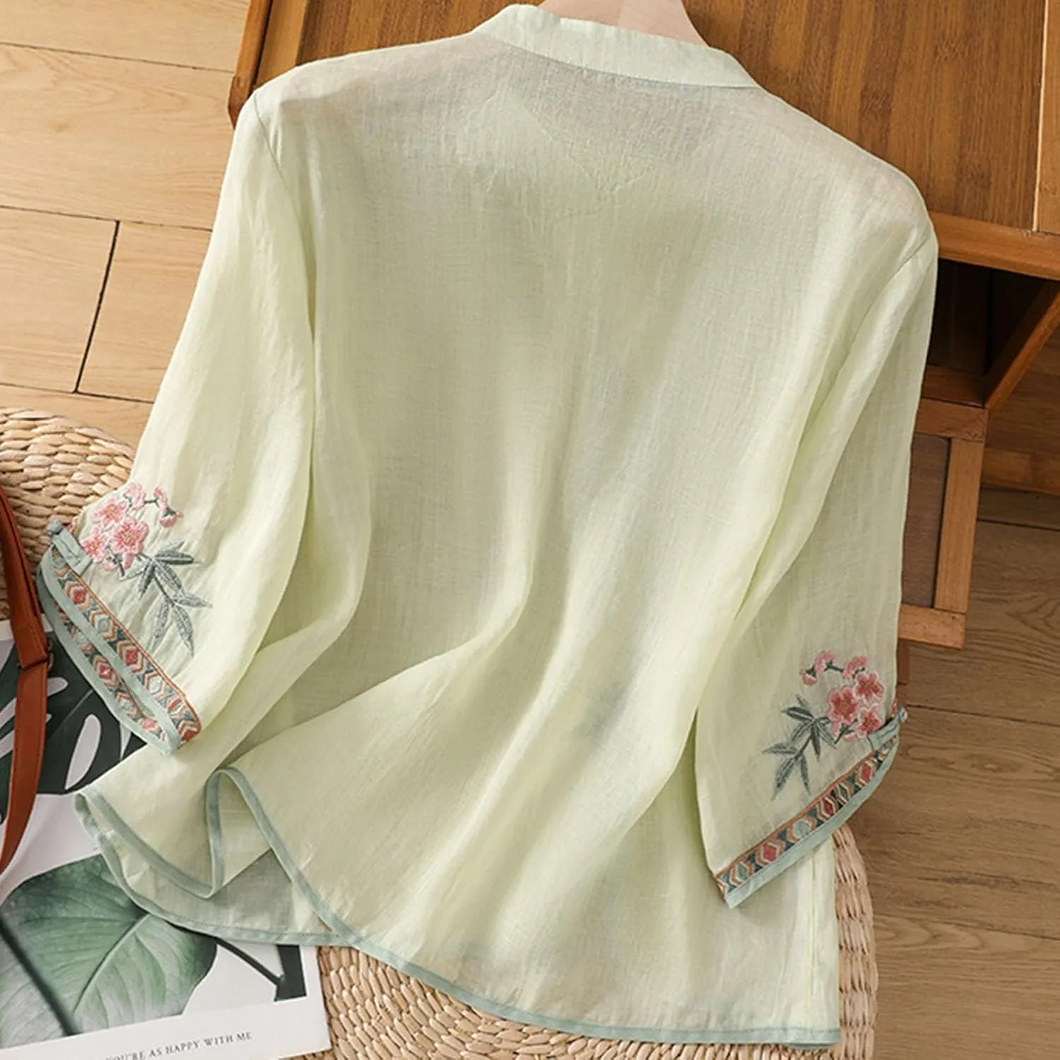 Ctreela Eastern Style Embroidery Linen Cotton Shirts Women's Breathable Boxy Tunic Tops Summer 3/4 Sleeve Soft Blouses