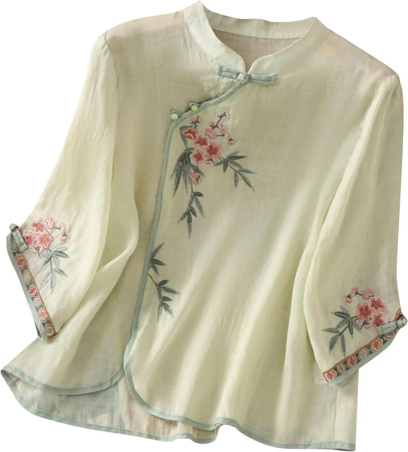 Ctreela Eastern Style Embroidery Linen Cotton Shirts Women's Breathable Boxy Tunic Tops Summer 3/4 Sleeve Soft Blouses
