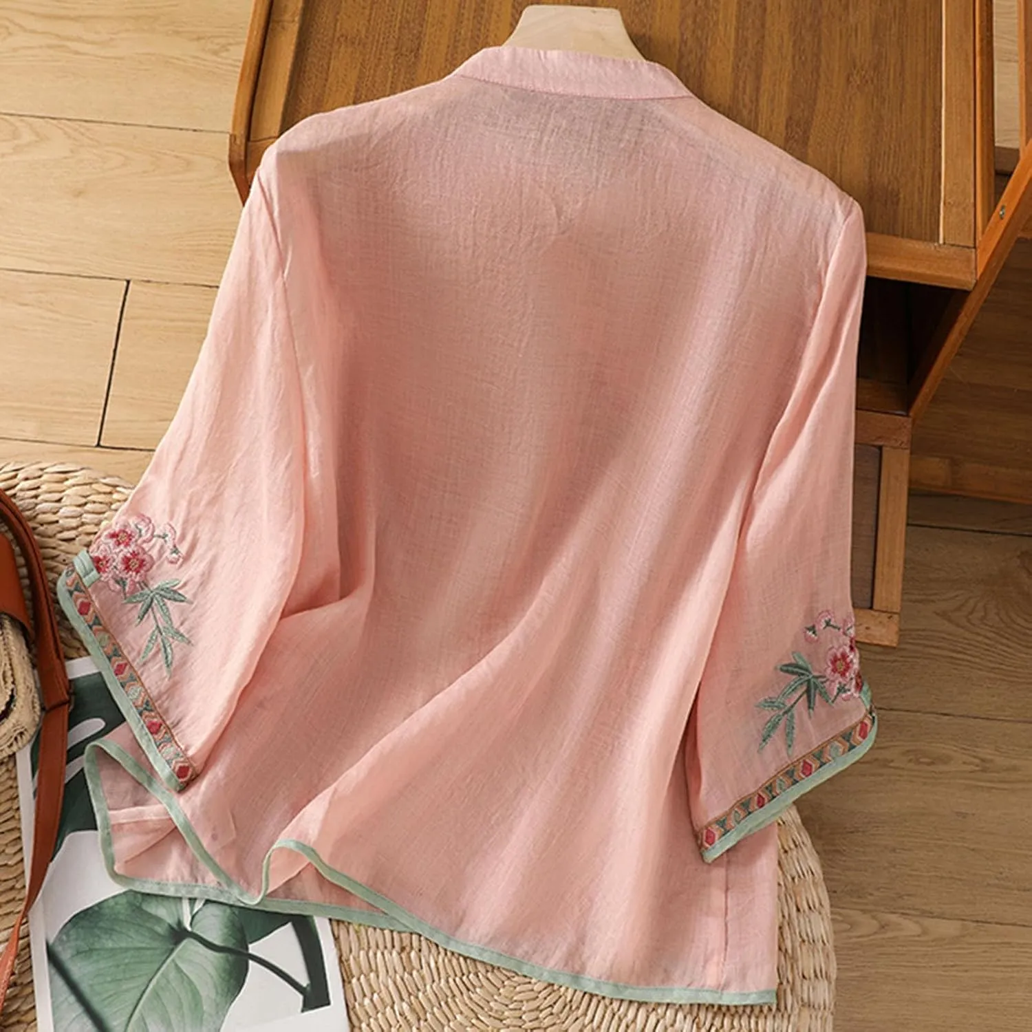 Ctreela Eastern Style Embroidery Linen Cotton Shirts Women's Breathable Boxy Tunic Tops Summer 3/4 Sleeve Soft Blouses