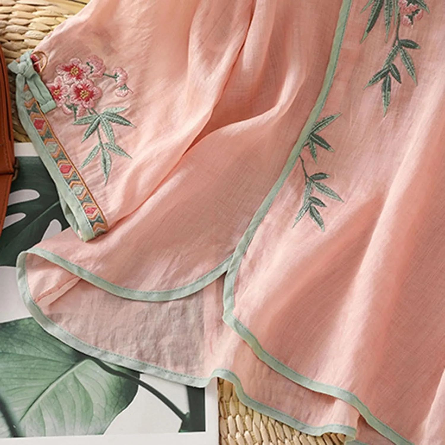 Ctreela Eastern Style Embroidery Linen Cotton Shirts Women's Breathable Boxy Tunic Tops Summer 3/4 Sleeve Soft Blouses