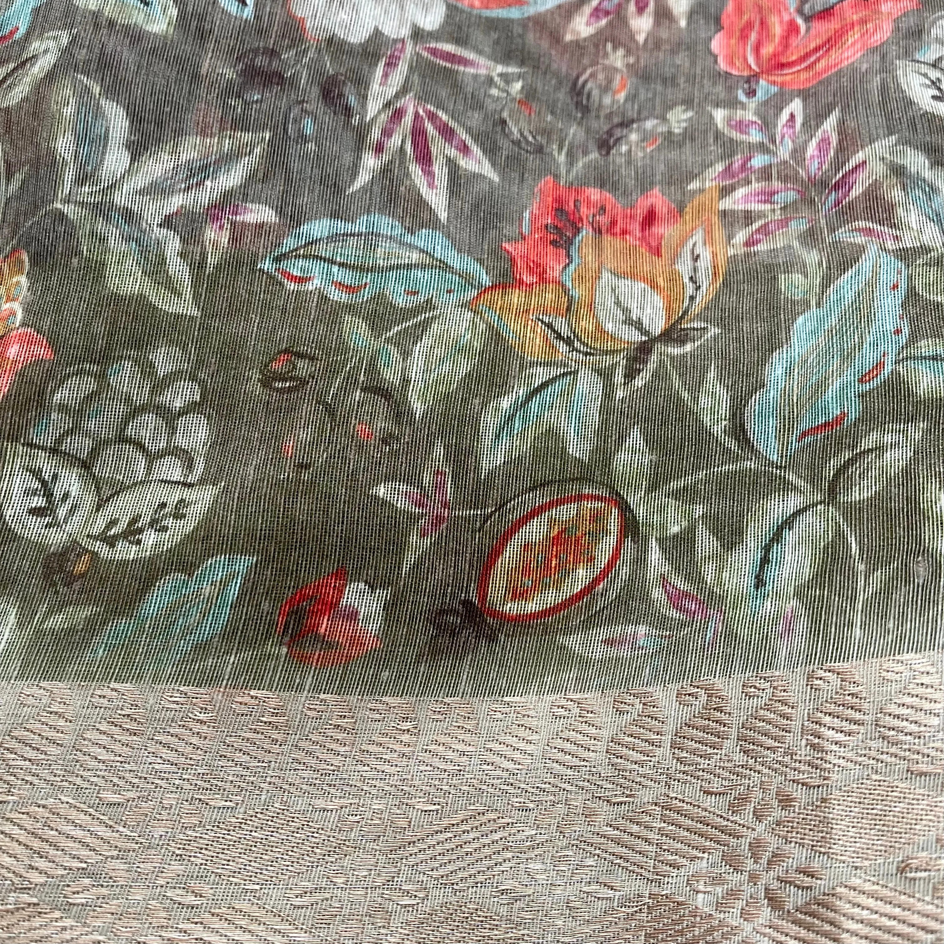 Digital Floral Print soft Linen cotton Saree with stitched blouse