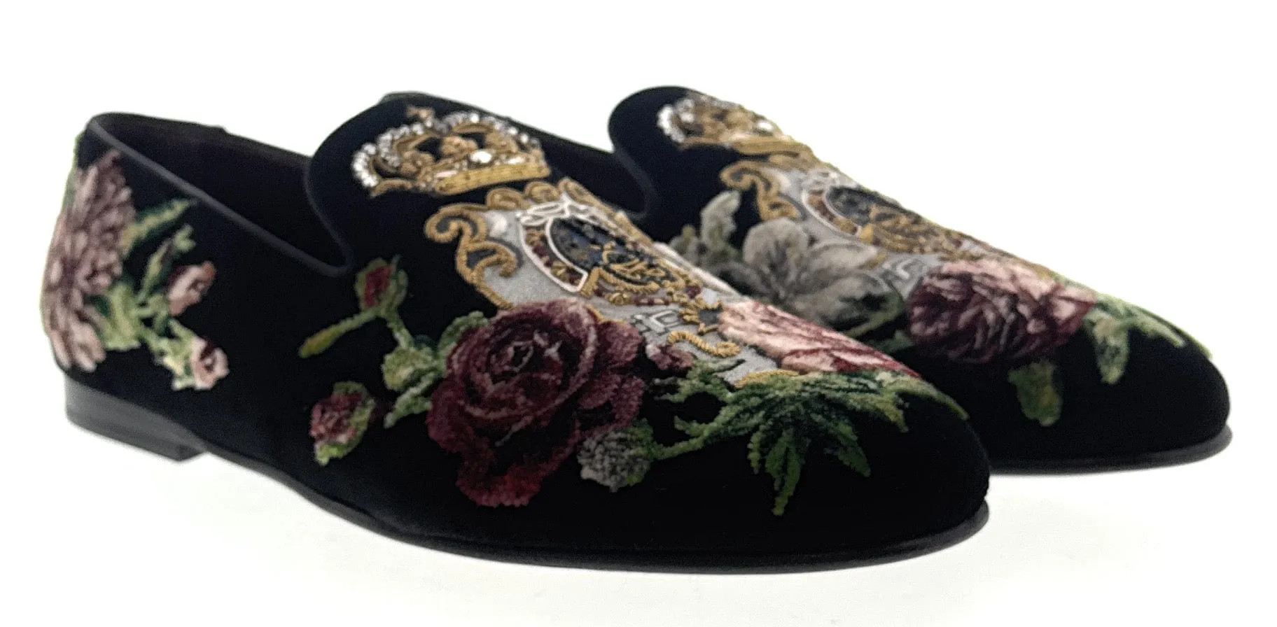 Dolce & Gabbana Mens Black Velvet Embroidered Loafers Slip-On Dress Shoes-EU40
