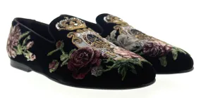 Dolce & Gabbana Mens Black Velvet Embroidered Loafers Slip-On Dress Shoes-EU40