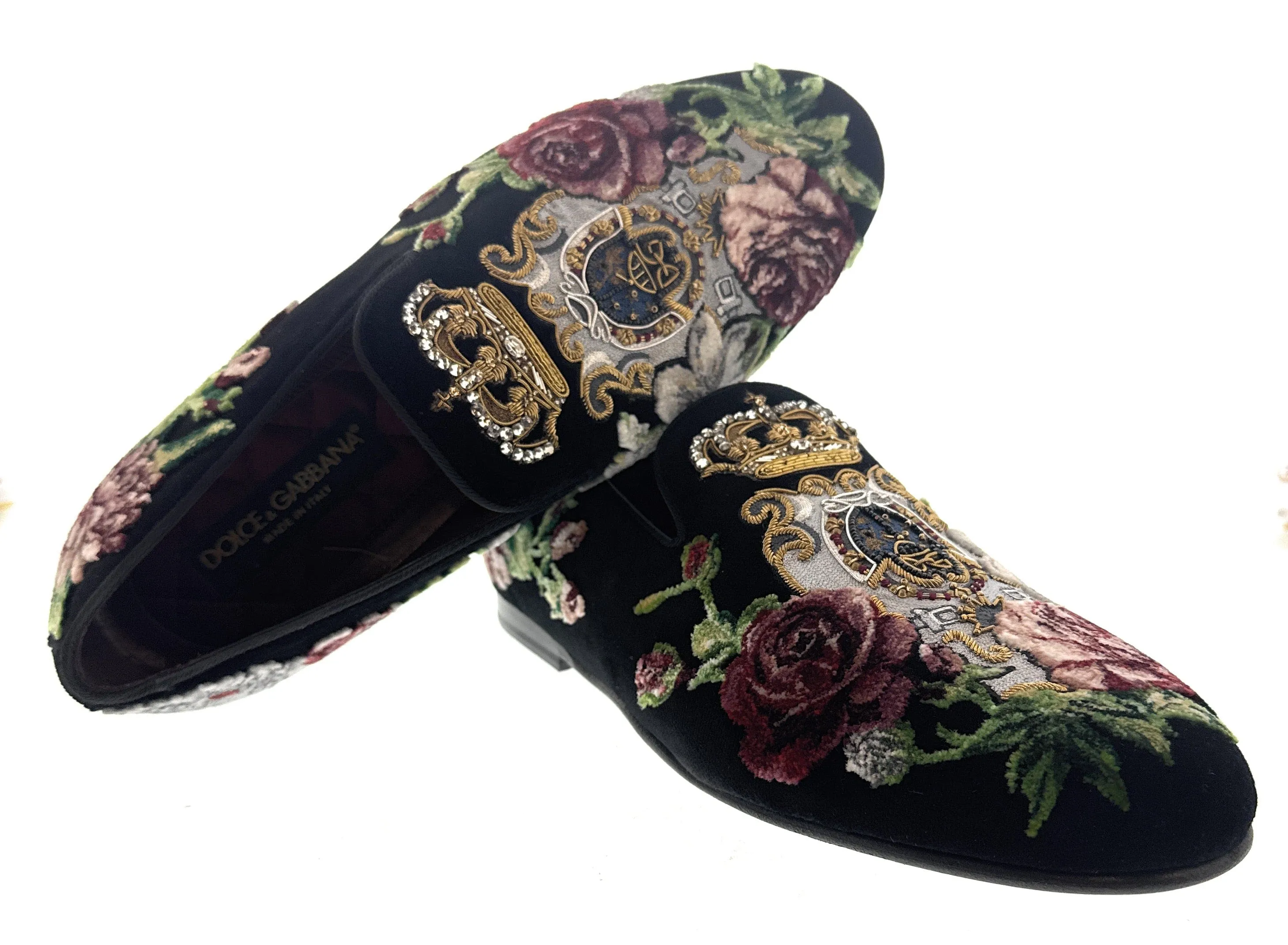 Dolce & Gabbana Mens Black Velvet Embroidered Loafers Slip-On Dress Shoes-EU40