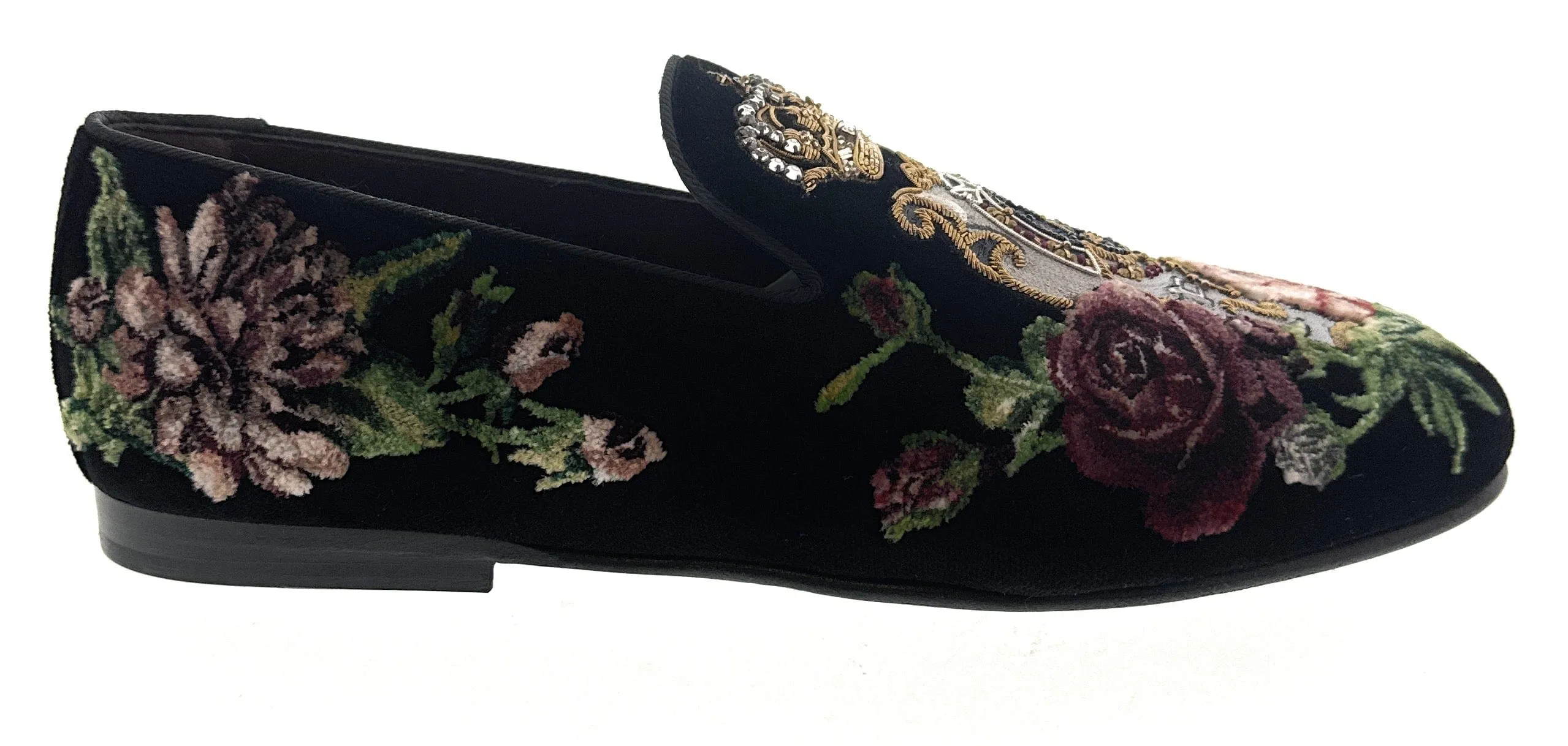 Dolce & Gabbana Mens Black Velvet Embroidered Loafers Slip-On Dress Shoes-EU40